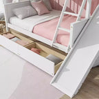 Letto a castello Twin su Full con 2 cassetti e mensole per bambini, letto a castello in legno con scaletta e scivolo