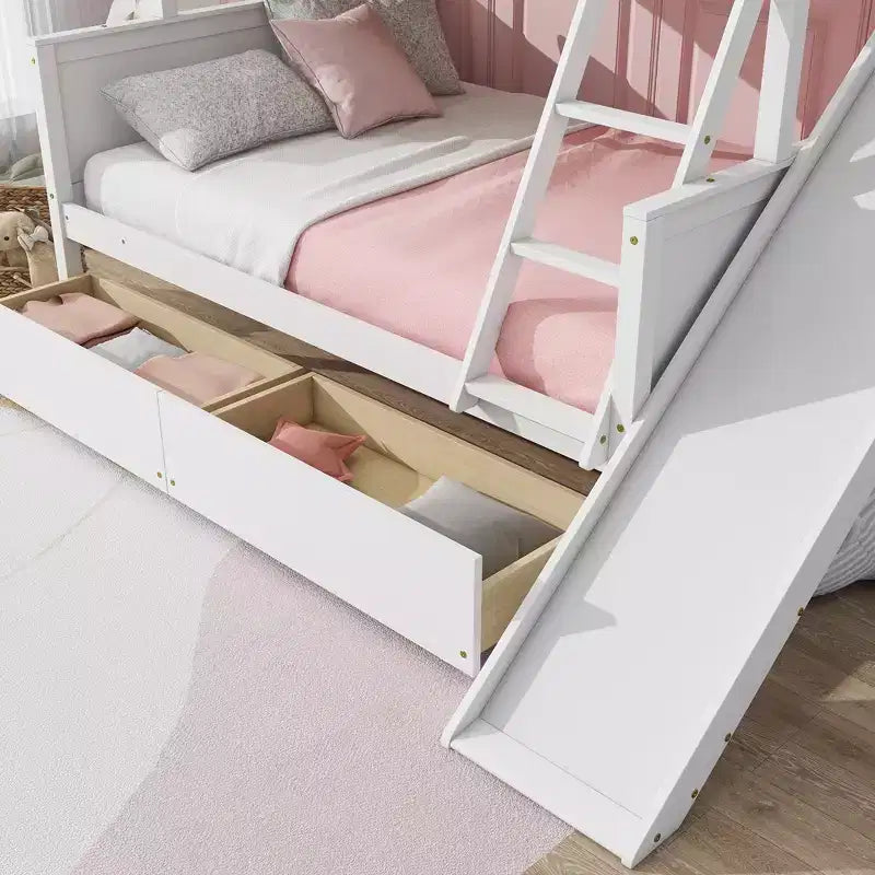 Letto a castello Twin su Full con 2 cassetti e mensole per bambini, letto a castello in legno con scaletta e scivolo
