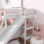 Letto a castello Twin su Full con 2 cassetti e mensole per bambini, letto a castello in legno con scaletta e scivolo