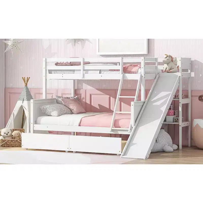 Letto a castello Twin su Full con 2 cassetti e mensole per bambini, letto a castello in legno con scaletta e scivolo
