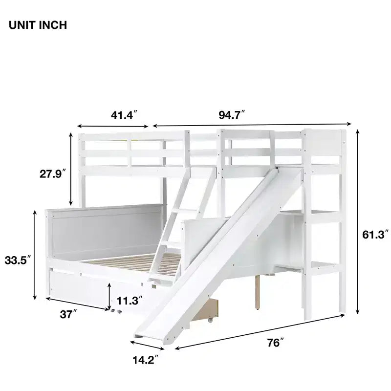Letto a castello Twin su Full con 2 cassetti e mensole per bambini, letto a castello in legno con scaletta e scivolo