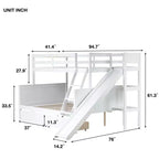 Letto a castello Twin su Full con 2 cassetti e mensole per bambini, letto a castello in legno con scaletta e scivolo