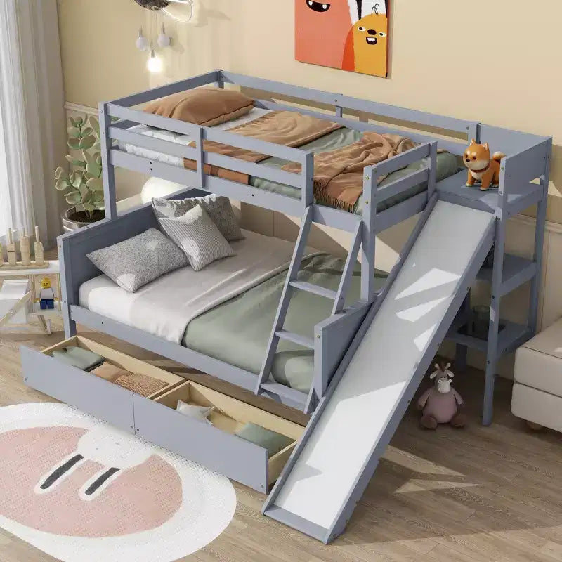 Letto a castello Twin su Full con 2 cassetti e mensole per bambini, letto a castello in legno con scaletta e scivolo