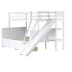 Letto a castello Twin su Full con 2 cassetti e mensole per bambini, letto a castello in legno con scaletta e scivolo