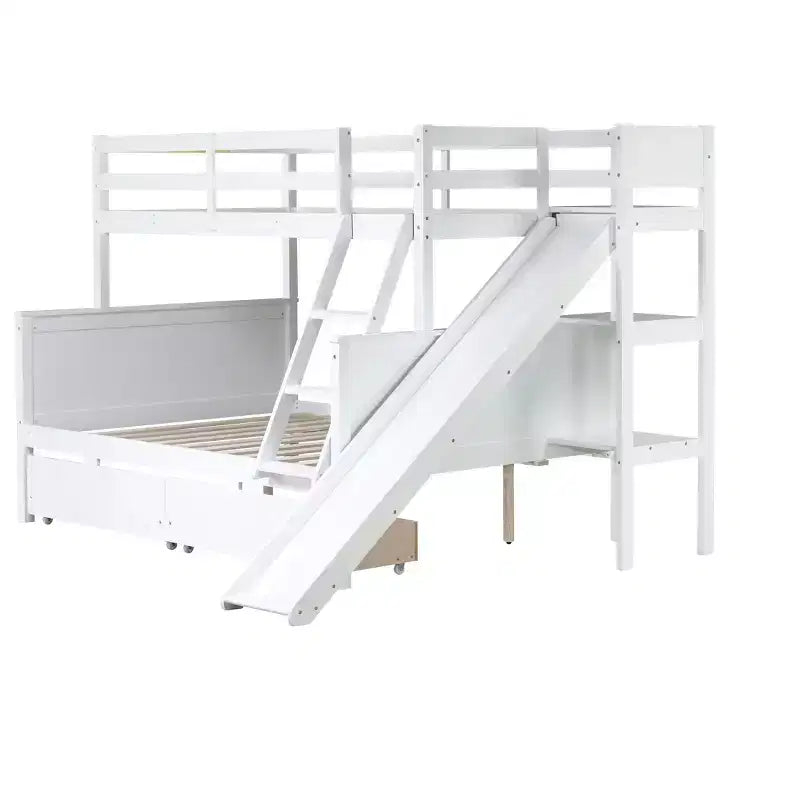 Letto a castello Twin su Full con 2 cassetti e mensole per bambini, letto a castello in legno con scaletta e scivolo