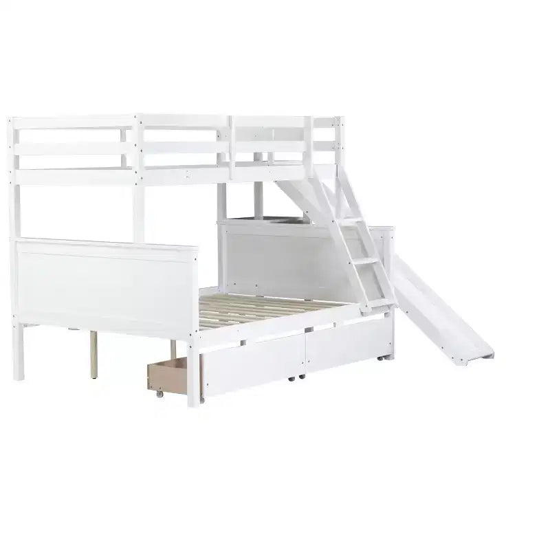 Letto a castello Twin su Full con 2 cassetti e mensole per bambini, letto a castello in legno con scaletta e scivolo