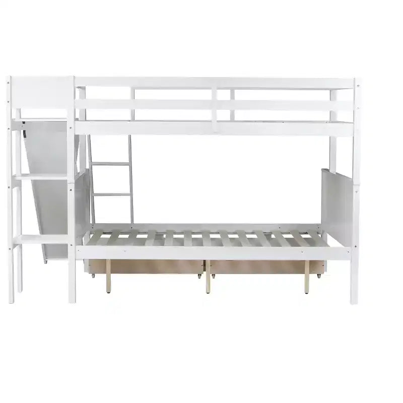 Letto a castello Twin su Full con 2 cassetti e mensole per bambini, letto a castello in legno con scaletta e scivolo