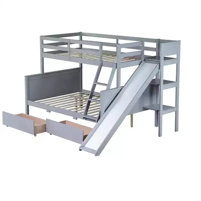 Letto a castello Twin su Full con 2 cassetti e mensole per bambini, letto a castello in legno con scaletta e scivolo