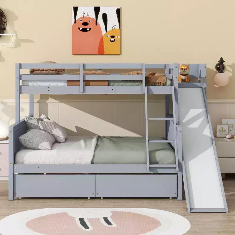 Letto a castello Twin su Full con 2 cassetti e mensole per bambini, letto a castello in legno con scaletta e scivolo