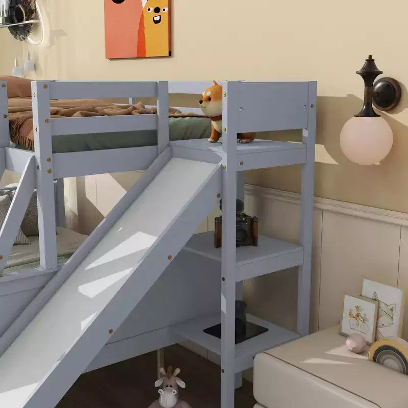 Letto a castello Twin su Full con 2 cassetti e mensole per bambini, letto a castello in legno con scaletta e scivolo