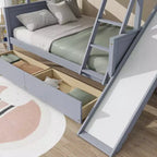 Letto a castello Twin su Full con 2 cassetti e mensole per bambini, letto a castello in legno con scaletta e scivolo