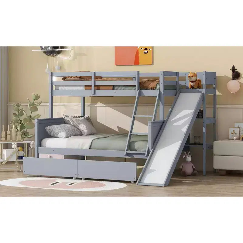 Letto a castello Twin su Full con 2 cassetti e mensole per bambini, letto a castello in legno con scaletta e scivolo
