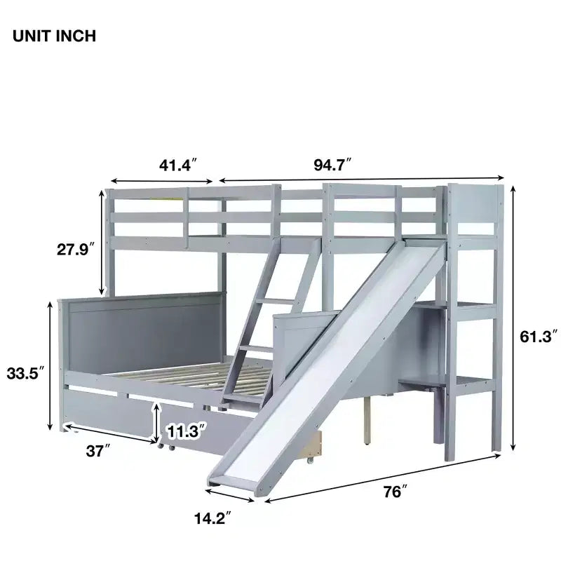Letto a castello Twin su Full con 2 cassetti e mensole per bambini, letto a castello in legno con scaletta e scivolo