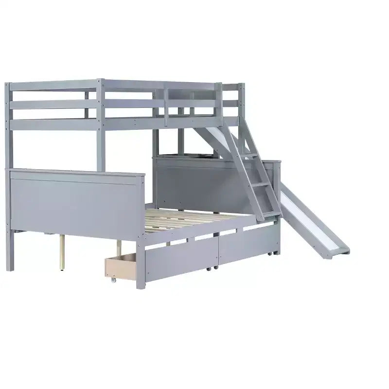 Letto a castello Twin su Full con 2 cassetti e mensole per bambini, letto a castello in legno con scaletta e scivolo