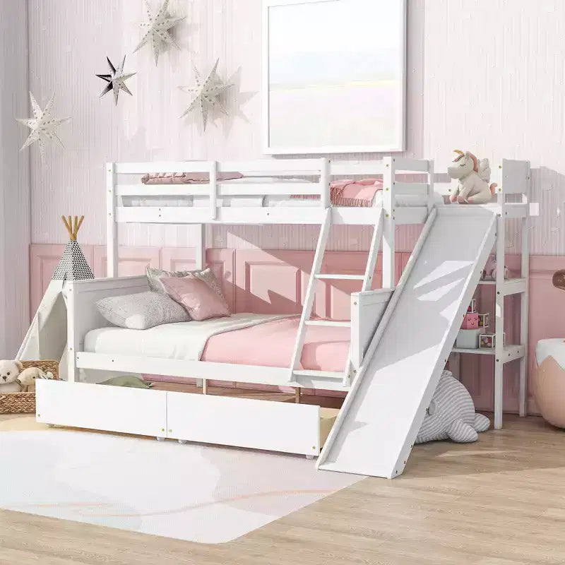 Twin over Full Bunk Bed with 2 Drawers and Shelves for Kids, Wood Bunk Bed with Ladder and Slide