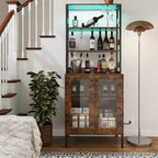 Acekool 66.9 Credenza da Cucina con Presa Elettrica, Mobile Dispensa con Luci a LED, Carrello Bar con Ante in Vetro per Sala da Pranzo, Soggiorno