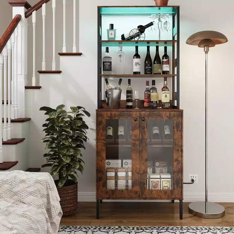 Acekool 66.9 Credenza da Cucina con Presa Elettrica, Mobile Dispensa con Luci a LED, Carrello Bar con Ante in Vetro per Sala da Pranzo, Soggiorno