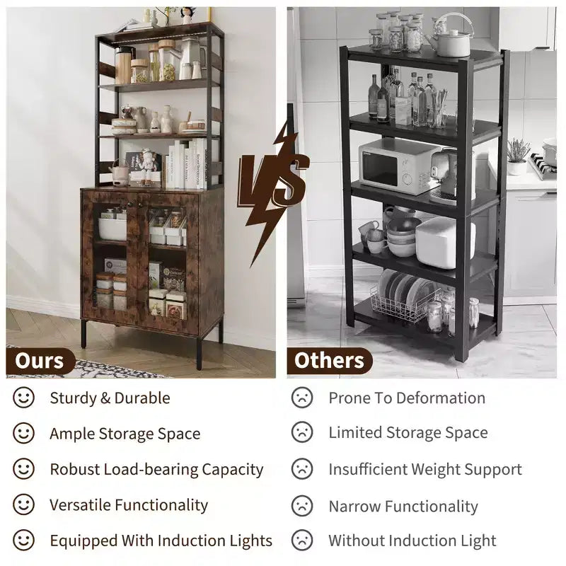 Acekool 66.9 Credenza da Cucina con Presa Elettrica, Mobile Dispensa con Luci a LED, Carrello Bar con Ante in Vetro per Sala da Pranzo, Soggiorno