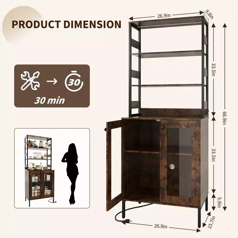 Acekool 66.9 Credenza da Cucina con Presa Elettrica, Mobile Dispensa con Luci a LED, Carrello Bar con Ante in Vetro per Sala da Pranzo, Soggiorno