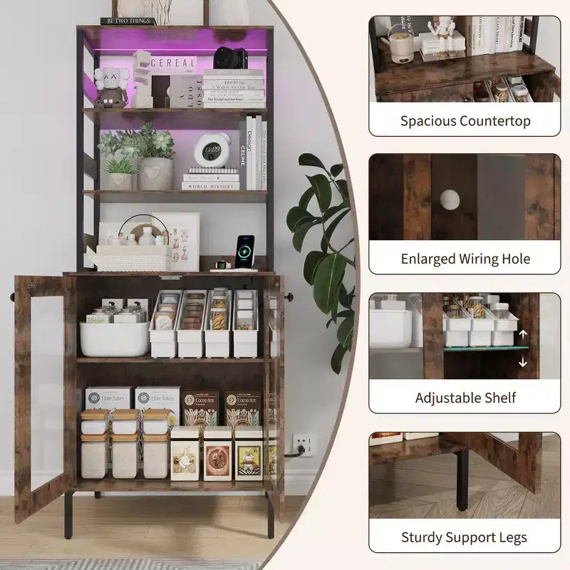 Acekool 66.9 Credenza da Cucina con Presa Elettrica, Mobile Dispensa con Luci a LED, Carrello Bar con Ante in Vetro per Sala da Pranzo, Soggiorno
