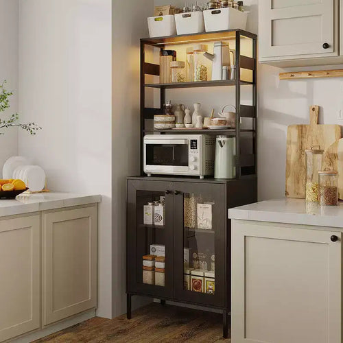 Acekool 66.9 Kitchen Bakers Rack with Power Outlet, Pantry Storage Cabinet with LED Lights, Glass Door Bar Cart for Dining Room, Living Room