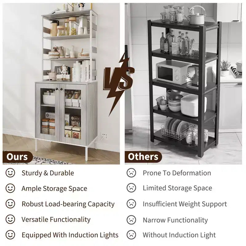Acekool 66.9 Credenza da Cucina con Presa Elettrica, Mobile Dispensa con Luci a LED, Carrello Bar con Ante in Vetro per Sala da Pranzo, Soggiorno