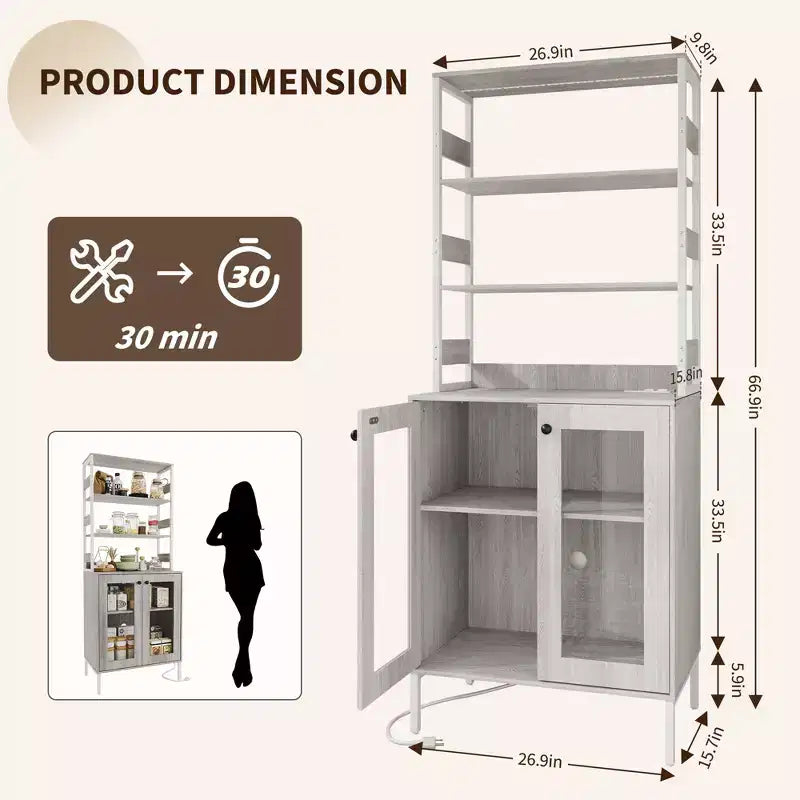 Acekool 66.9 Credenza da Cucina con Presa Elettrica, Mobile Dispensa con Luci a LED, Carrello Bar con Ante in Vetro per Sala da Pranzo, Soggiorno