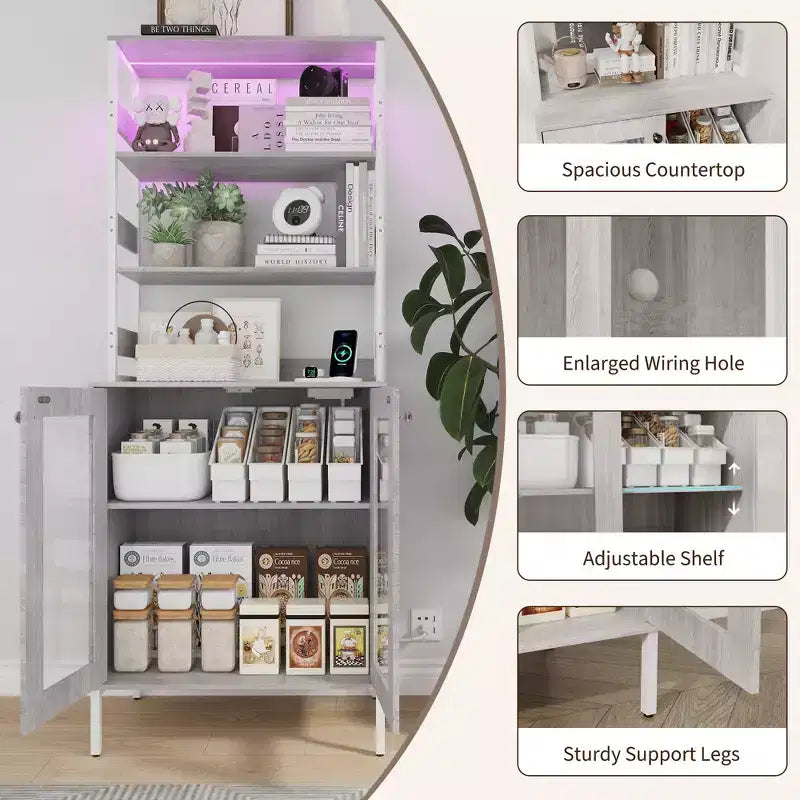 Acekool 66.9 Credenza da Cucina con Presa Elettrica, Mobile Dispensa con Luci a LED, Carrello Bar con Ante in Vetro per Sala da Pranzo, Soggiorno