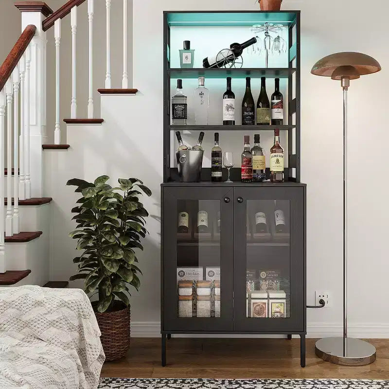 Acekool 66.9 Credenza da Cucina con Presa Elettrica, Mobile Dispensa con Luci a LED, Carrello Bar con Ante in Vetro per Sala da Pranzo, Soggiorno