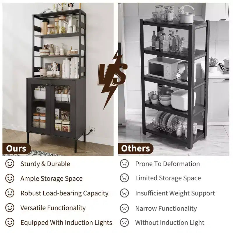 Acekool 66.9 Credenza da Cucina con Presa Elettrica, Mobile Dispensa con Luci a LED, Carrello Bar con Ante in Vetro per Sala da Pranzo, Soggiorno