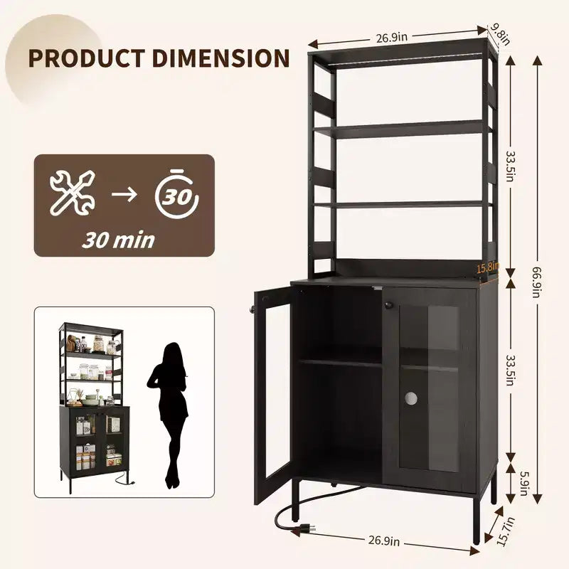 Acekool 66.9 Credenza da Cucina con Presa Elettrica, Mobile Dispensa con Luci a LED, Carrello Bar con Ante in Vetro per Sala da Pranzo, Soggiorno