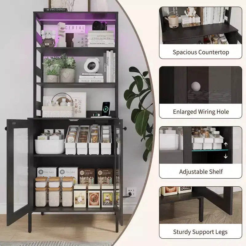Acekool 66.9 Credenza da Cucina con Presa Elettrica, Mobile Dispensa con Luci a LED, Carrello Bar con Ante in Vetro per Sala da Pranzo, Soggiorno