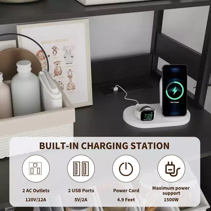 Acekool 66.9 Credenza da Cucina con Presa Elettrica, Mobile Dispensa con Luci a LED, Carrello Bar con Ante in Vetro per Sala da Pranzo, Soggiorno