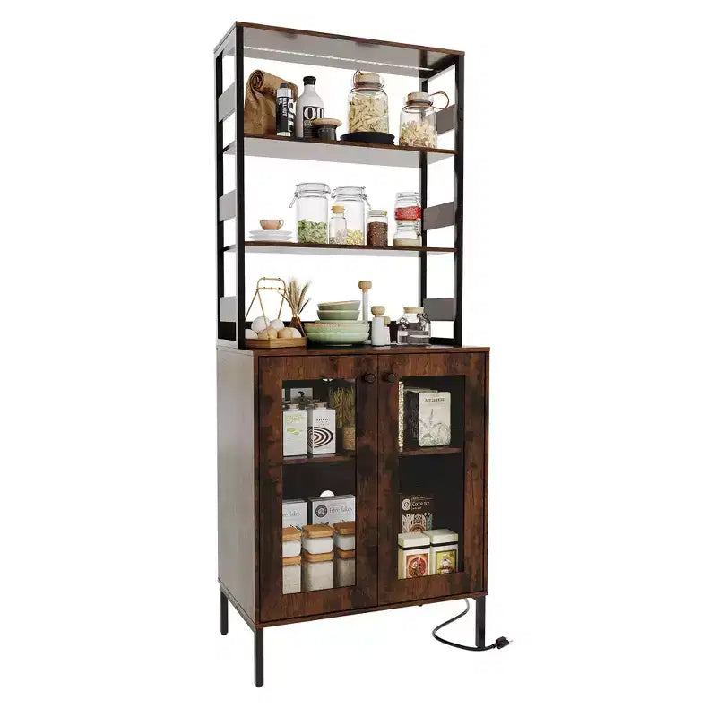 Acekool 66.9 Kitchen Bakers Rack with Power Outlet, Pantry Storage Cabinet with LED Lights, Glass Door Bar Cart for Dining Room, Living Room