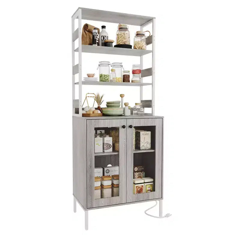 Acekool 66.9 Kitchen Bakers Rack with Power Outlet, Pantry Storage Cabinet with LED Lights, Glass Door Bar Cart for Dining Room, Living Room