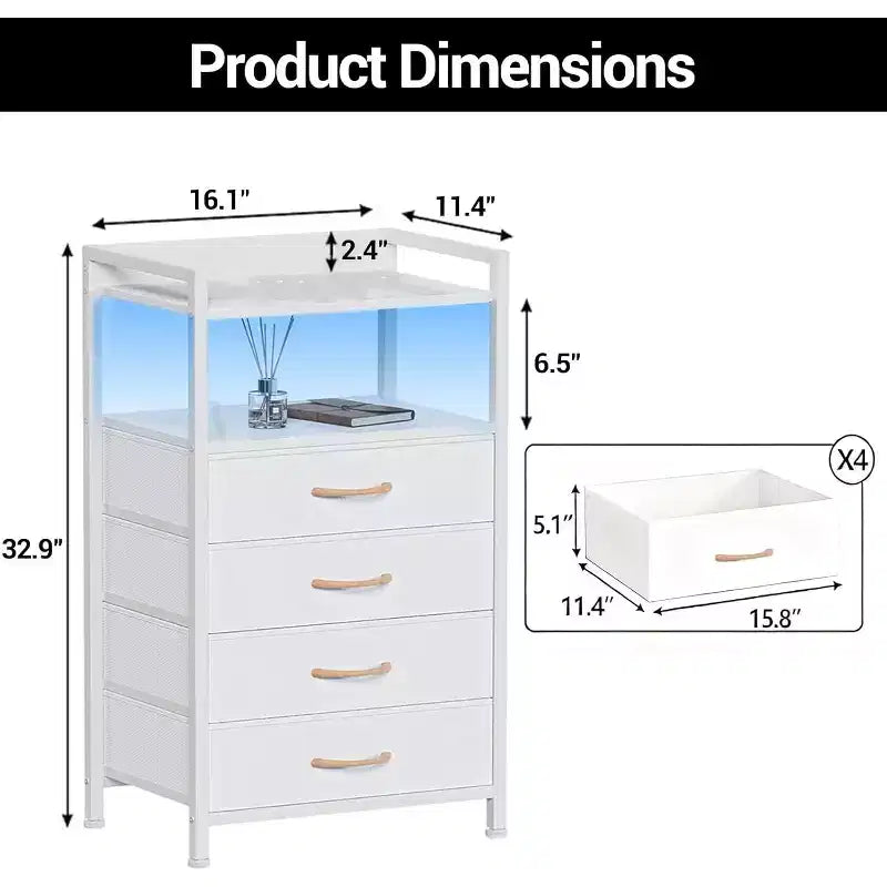 Fabric Chest of Drawers Bedroom 4 Drawers Storage Unit with Sturdy Steel Frame, Dresser Drawers with Open Storage Shelf Nightstand for Home, Office