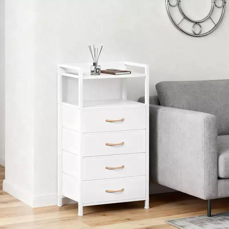 Fabric Chest of Drawers Bedroom 4 Drawers Storage Unit with Sturdy Steel Frame, Dresser Drawers with Open Storage Shelf Nightstand for Home, Office