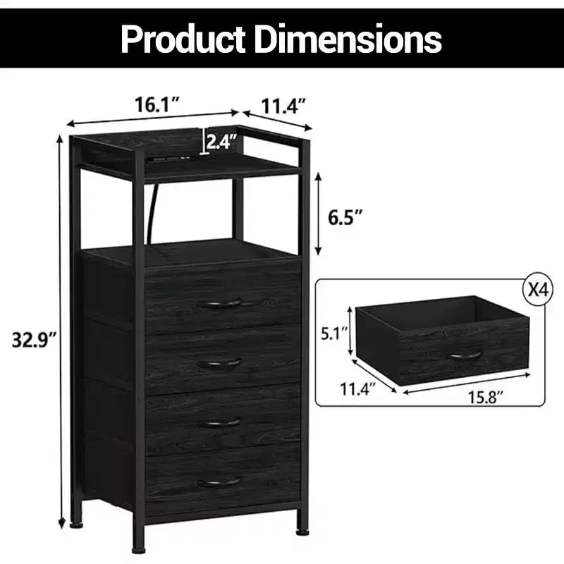 Fabric Chest of Drawers Bedroom 4 Drawers Storage Unit with Sturdy Steel Frame, Dresser Drawers with Open Storage Shelf Nightstand for Home, Office
