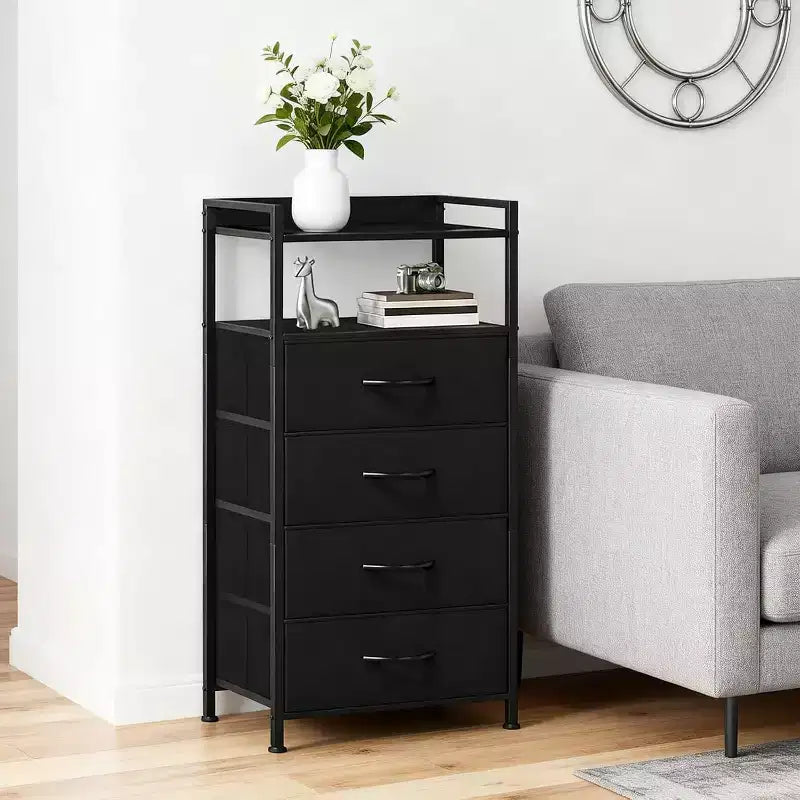 Fabric Chest of Drawers Bedroom 4 Drawers Storage Unit with Sturdy Steel Frame, Dresser Drawers with Open Storage Shelf Nightstand for Home, Office