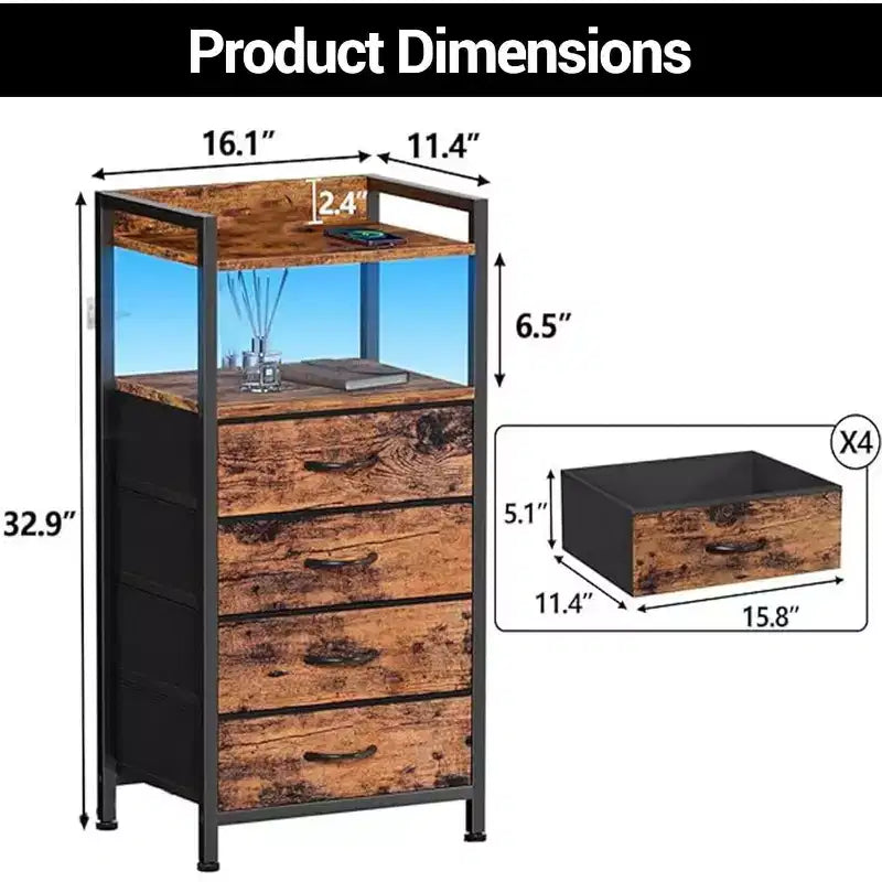 Fabric Chest of Drawers Bedroom 4 Drawers Storage Unit with Sturdy Steel Frame, Dresser Drawers with Open Storage Shelf Nightstand for Home, Office