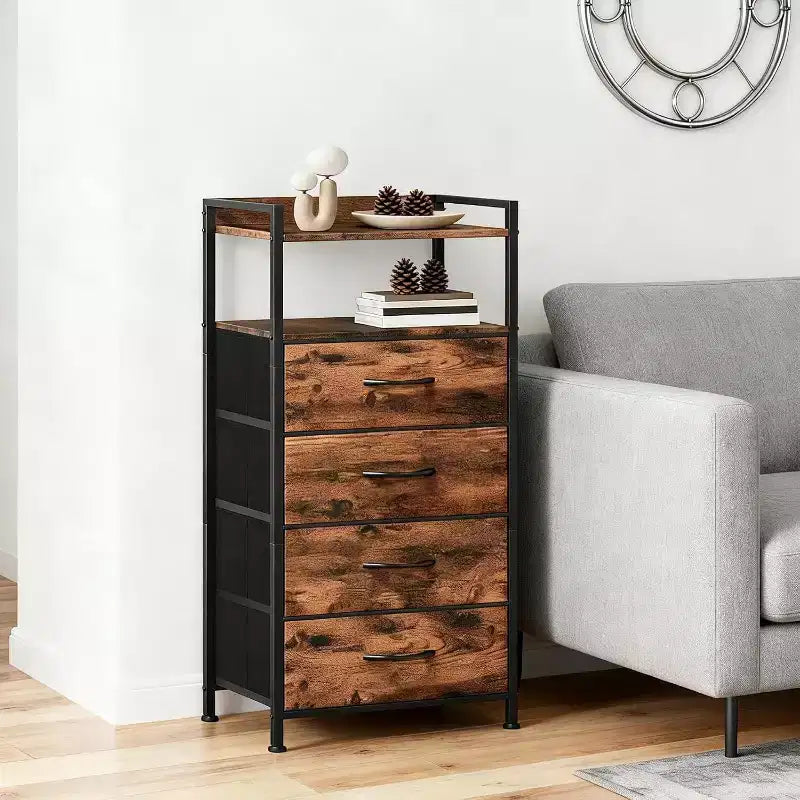 Fabric Chest of Drawers Bedroom 4 Drawers Storage Unit with Sturdy Steel Frame, Dresser Drawers with Open Storage Shelf Nightstand for Home, Office
