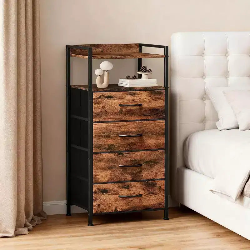Fabric Chest of Drawers Bedroom 4 Drawers Storage Unit with Sturdy Steel Frame, Dresser Drawers with Open Storage Shelf Nightstand for Home, Office