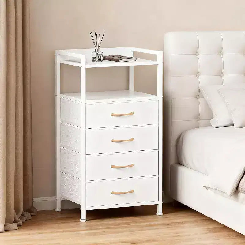 Fabric Chest of Drawers Bedroom 4 Drawers Storage Unit with Sturdy Steel Frame, Dresser Drawers with Open Storage Shelf Nightstand for Home, Office