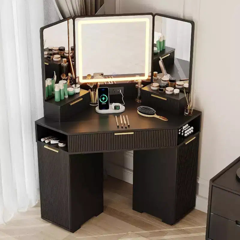 Corner Vanity Desk, Fluted Makeup Table with Drawers and Cabinets for Bedroom, Corner Makeup Vanity, Black