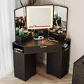 Corner Vanity Desk, Fluted Makeup Table with Drawers and Cabinets for Bedroom, Corner Makeup Vanity, Black