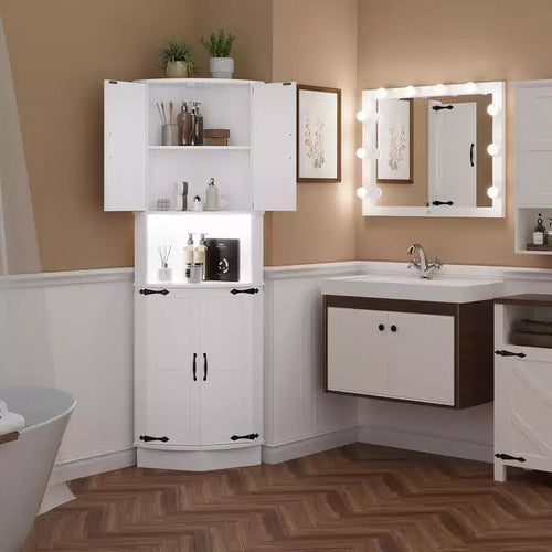 65 Tall Farmhouse Corner Cabinet, 5 Tier Shelves and USB Ports & Outlets, Space Organizer for Living Room, Bar, Kitchen, Bathroom