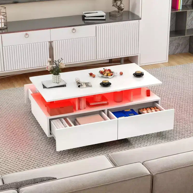 LED Coffee Table with Storage 4 Drawers, Modern High Glossy Coffee Tables for Living Room, Small Center Table with Open Display Shelf ,White
