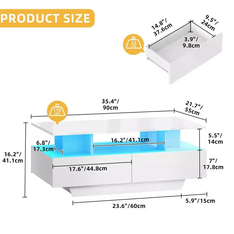 LED Coffee Table with Storage 4 Drawers, Modern High Glossy Coffee Tables for Living Room, Small Center Table with Open Display Shelf ,White