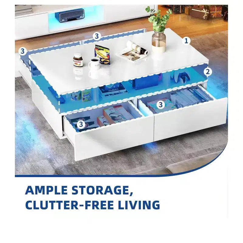 LED Coffee Table with Storage 4 Drawers, Modern High Glossy Coffee Tables for Living Room, Small Center Table with Open Display Shelf ,White