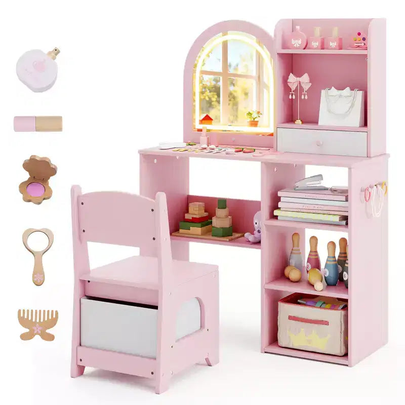 Costway Kids Vanity Set Princess Girls Makeup Vanity Desk w/ 3-Color LED Lighted Mirror Pink